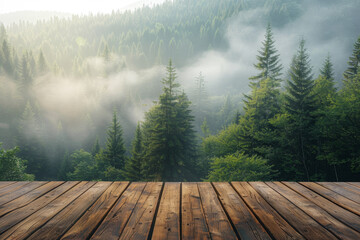 Wall Mural - A forest with a foggy mist and a wooden platform in the middle