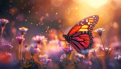 Wall Mural - Spring summer fresh artistic image of beauty morning nature. Purple butterfly flies over small wild white flowers in grass in rays of sunlight. Selective soft focus, butterfly and flower garden.