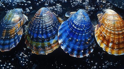 Poster -   A cluster of seashells rests atop a dark background, with water droplets adorning the surface