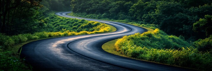 long way asphalt country road with curves, mountainous landscape