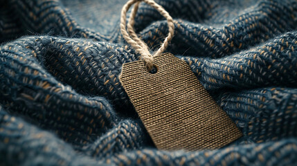 Wall Mural - brown color blank garment tag mockup on a cozy blue color knitted fabric background  