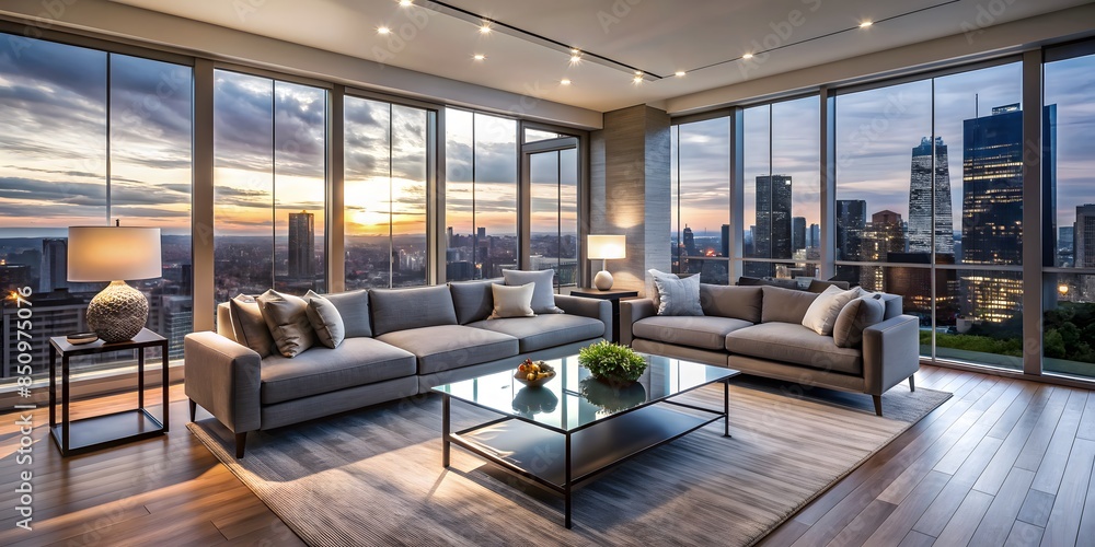 View of ðŸŒ‡ðŸŒ† Modern Living Room Interior With Floor-To-Ceiling Windows And ...