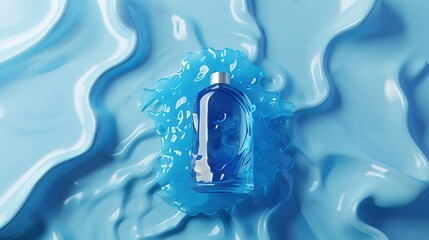 Wall Mural -  A blue liquid bottle sits atop a blue wave, capped with silver