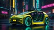 © Vladyslav - Futuristic AI autonomous taxi with neon-lit control panels and holographic displays, 3D render style, vibrant neon yellow and green colors, high detail, realistic lighting
