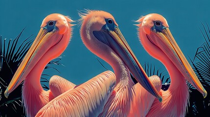  Two pelicans stand side by side in front of palm trees against a blue sky background