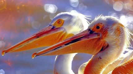 Poster -   Two clear pelicans perched beside each other against a blurred backdrop, framed by a vibrant blue sky