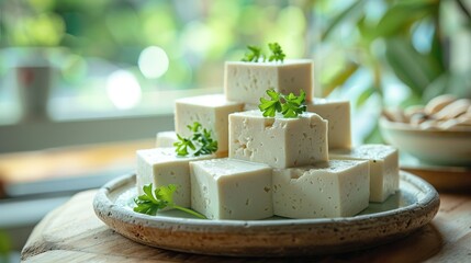   A macro shot of a dish featuring tofu cubes on a wooden surface beside a container of green foliage