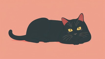 Wall Mural -   A black cat with yellow eyes lounging on a pink background alongside another black cat with yellow eyes resting on the same background