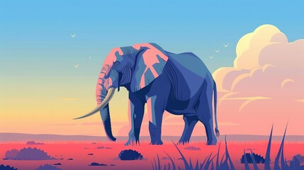 Wall Mural -   An elephant with tusks in a field surrounded by tall grass and clouded background