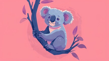 Poster -   A drawing of a koala sitting on a tree branch with leaves on its back and a pink background