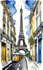 Mood board, illustration of a watercolor collage with French motifs and patterns of watercolor images of Paris landmarks,