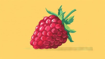 Wall Mural -   A raspberry on a yellow background with a green leaf on the fruit's stem