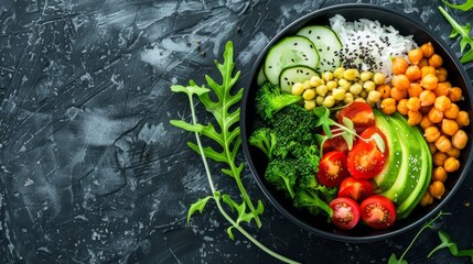 Wall Mural - Vegetarian dinner. Vegetables, rice, micro greens, avocado bowl with chickpeas. Top View. Copy Space