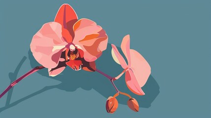 Poster -   A pink flower on a blue background with shadows of the flower on both sides of the image