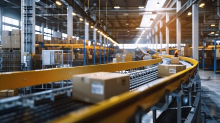 A bustling e-commerce fulfillment center with automated picking systems, conveyor belts, and employees packing orders, highlighting the efficiency of modern logistics in e-commerce.