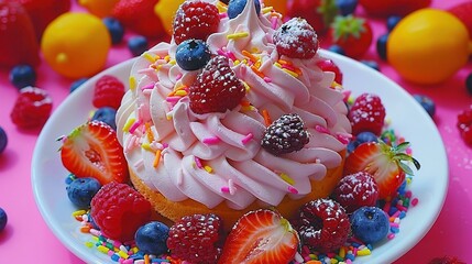 Wall Mural -   A white plate holds a cupcake smothered in frosting, adorned with numerous berries and sprinkles