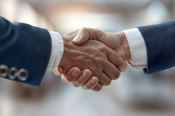 Two businessmen shaking hands to seal a successful deal in corporate office setting