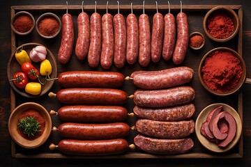 Wall Mural - traditional food smoked sausages smokehouse sausage meat smoke house dried tradition delicious diet smoky beef hanging fat prepared larder calorie epicure pork pantry cookery store domestic spicey