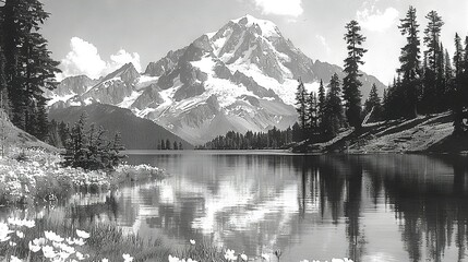 Wall Mural -  Photo of a mountain with flowers and lake in foreground