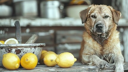 Sticker -   A wet dog sat in front of a bowl of lemons and a lemon-filled table