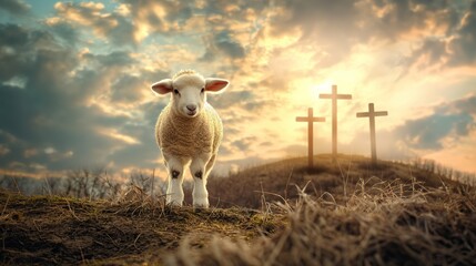 Wall Mural - Lamb standing in front of the three crosses on Calvary hill