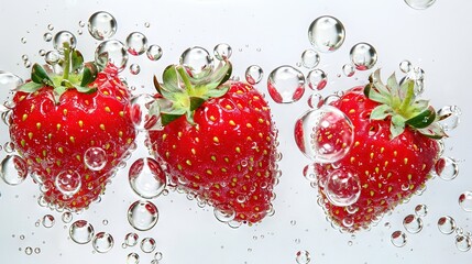 Wall Mural -   Three strawberries on a table, each with water droplets