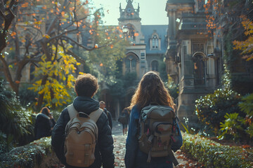 Happy diverse students walking in college campus back to school 
