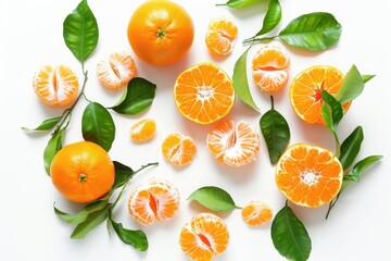 Wall Mural - vibrant whole and sliced mandarins isolated on white background food photography