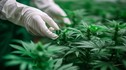 Sticker - Hands of a farmer with cannabis plant in field in plantation.