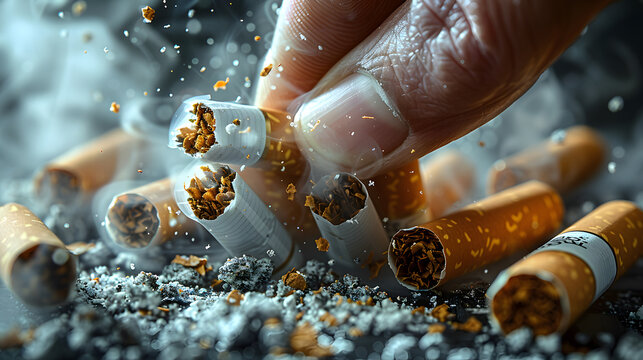 Hands crushing cigarette anti smoking concept