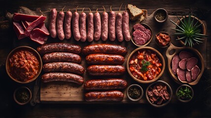 Wall Mural - traditional food smoked sausages smokehouse sausage meat smoke house dried tradition delicious diet smoky beef hanging fat prepared larder calorie epicure pork pantry cookery store domestic spicey