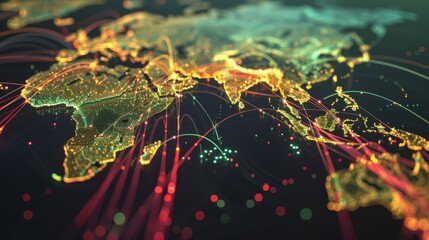Wall Mural - Global Supply Chain Visualization: A dynamic visualization of a global supply chain with animated routes, data points, and logistics hubs interconnected.