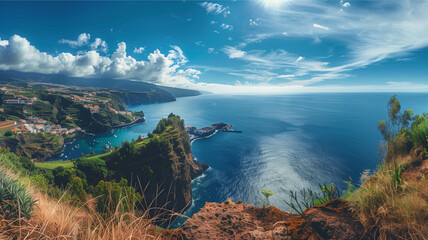 A view of the sea from the mountain ,View of  island from the top of the island. Blue sky and calm sea viewed