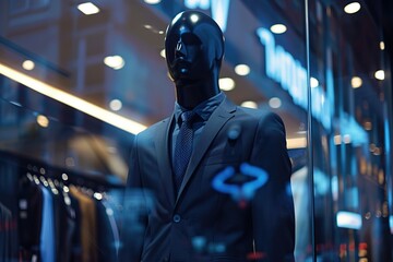 Male mannequin wearing business suit on showcase in store