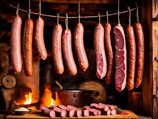 Wall Mural - traditional food smoked sausages smokehouse sausage meat smoke house dried tradition delicious diet smoky beef hanging fat prepared larder calorie epicure pork pantry cookery store domestic spicey