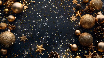 Wall Mural - Gold Christmas Ornaments on Black Background