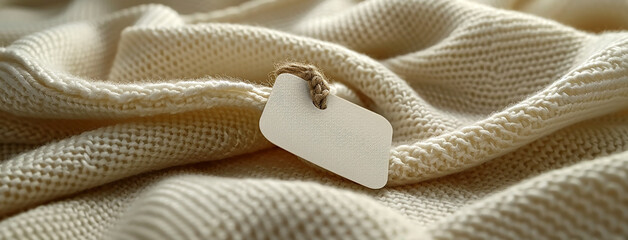 wide macro closeup photo of white color fabric garment tag hanging in a linen fabric mock-up image and copy space  