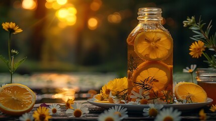 Wall Mural -   A lemonade bottle sits atop an orange plate with daisies on the table