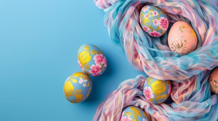 Wall Mural - top view of beautiful easter eggs with scarf on table