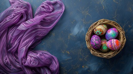 Wall Mural - top view of beautiful easter eggs with scarf on table
