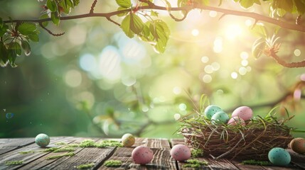 Wall Mural - a full basket of colorful easter eggs on wooden table