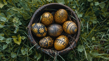 Wall Mural - top view of a full basket of colorful easter eggs on lawn