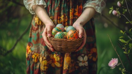 Wall Mural - closeup view of a full basket of beautiful easter eggs in the hands of a girl