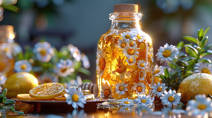 Wall Mural -   A jar of honey sits atop a table, beside a plate of lemons and a lemon wedge