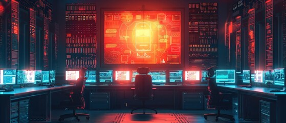 Futuristic computer control room with multiple screens and a red glowing central display, showcasing a high-tech digital operations hub.
