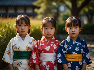 Canvas Print - Japanese Children in Traditional Kimonos 