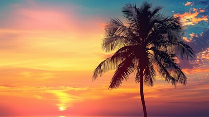 Wall Mural - Silhouette of palm tree on sunset sky backdrop