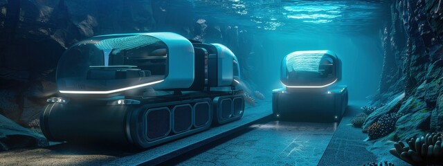 Wall Mural - Underwater Cargo Transport: A futuristic concept of underwater cargo transport vehicles moving goods through submerged tunnels, illustrating advanced logistics solutions.