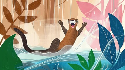 Wall Mural -   A painting of an otter swimming in a pool of water surrounded by plants and leaves, with its mouth open wide