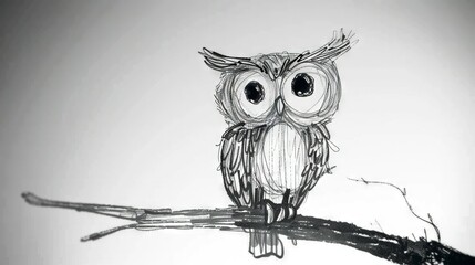 Wall Mural -   Owl on Branch - Monochrome image of a perched owl with partially closed eye